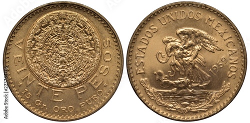 Mexico Mexican golden coin 20 twenty pesos 1959, Aztec stone calendar, carving, value and purity info below, eagle on cactus catching snake, sprigs with ribbon below, 