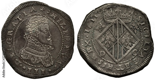Italy Italian Sicilia Sicilian silver coin 1 one scudo 1611, ruler Philip III, bust right, diamond shape shield with eagles and stripes, crown above, coarse die, double die,  photo