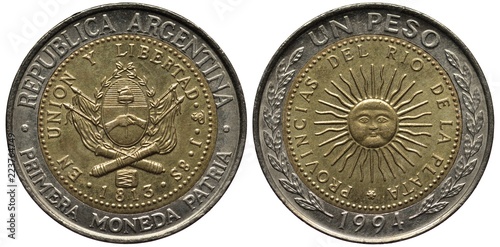 Quadro em tela Argentina Argentinean bimetallic coin 1 one peso 1994, subject first local Argen