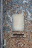Old painted door with key hole and mail box with signature on Russian (rus) - (For letters)