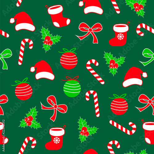 Seamless christmas pattern with lolipop candy, christmas ball, santa claus socks and hat, bow ribbon and holly berries red, white green backgorund. Cute simple flat vector, design for wrapping paper.