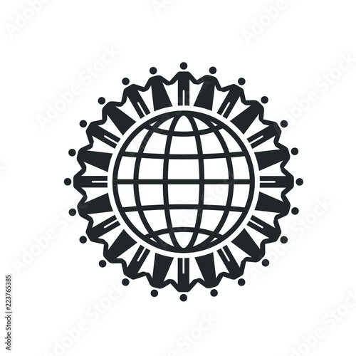 Happy people holding hands around globe vector icon