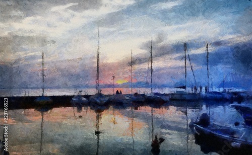Oil painting. Art print for wall decor. Acrylic artwork. Big size poster. Watercolor drawing. Modern style fine art. Beautiful evening harboe landscape. White boats on sea. Violet sunset.