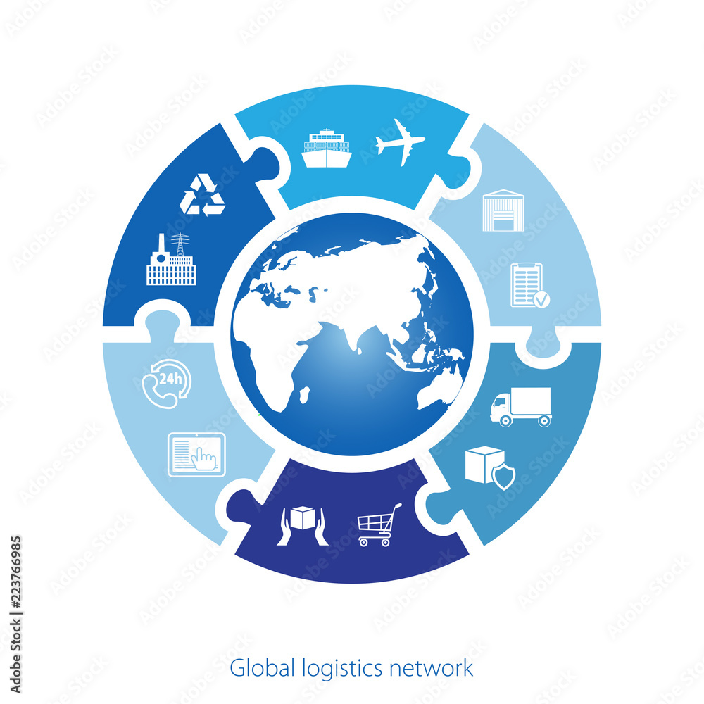 Global logistics network. Map global logistics partnership connection.  Similar world map with geolocation and logistics icons. Simple icon circle puzzle. Flat design. Vector illustration EPS10. 