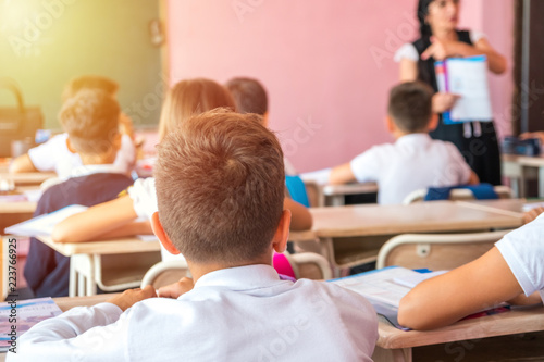 group of school kids sitting and listening to teacher in classroom from back