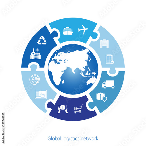 Global logistics network. Map global logistics partnership connection. Similar world map with geolocation and logistics icons. Simple icon circle puzzle. Flat design. Vector illustration EPS10. 