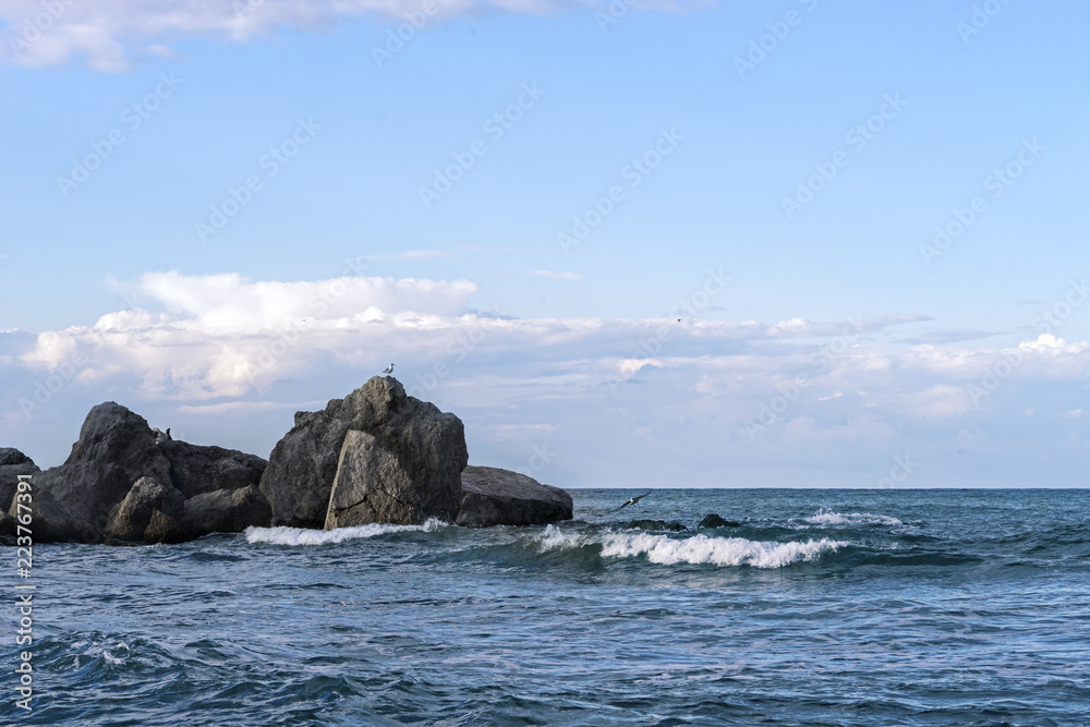 Rocks in the sea, blue sea and sky, gulls.