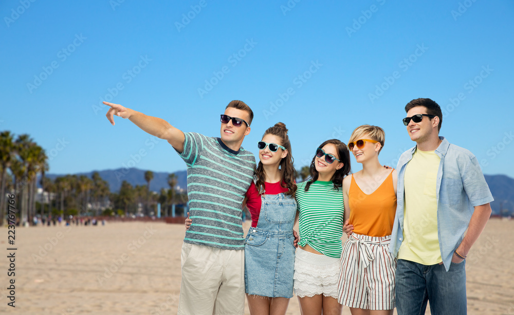 friendship, leisure and summer holidays concept - group of happy smiling friends in sunglasses hugging over venice beach background in california