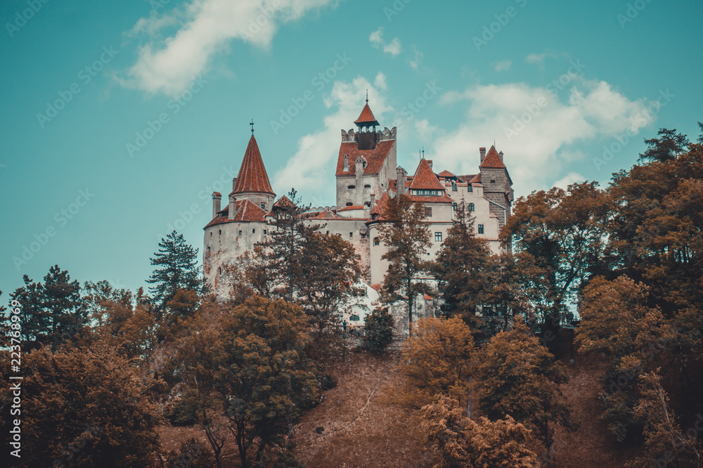 Mysterious beautiful Bran Castle. Vampire Residence of Dracula in the forests of Romania