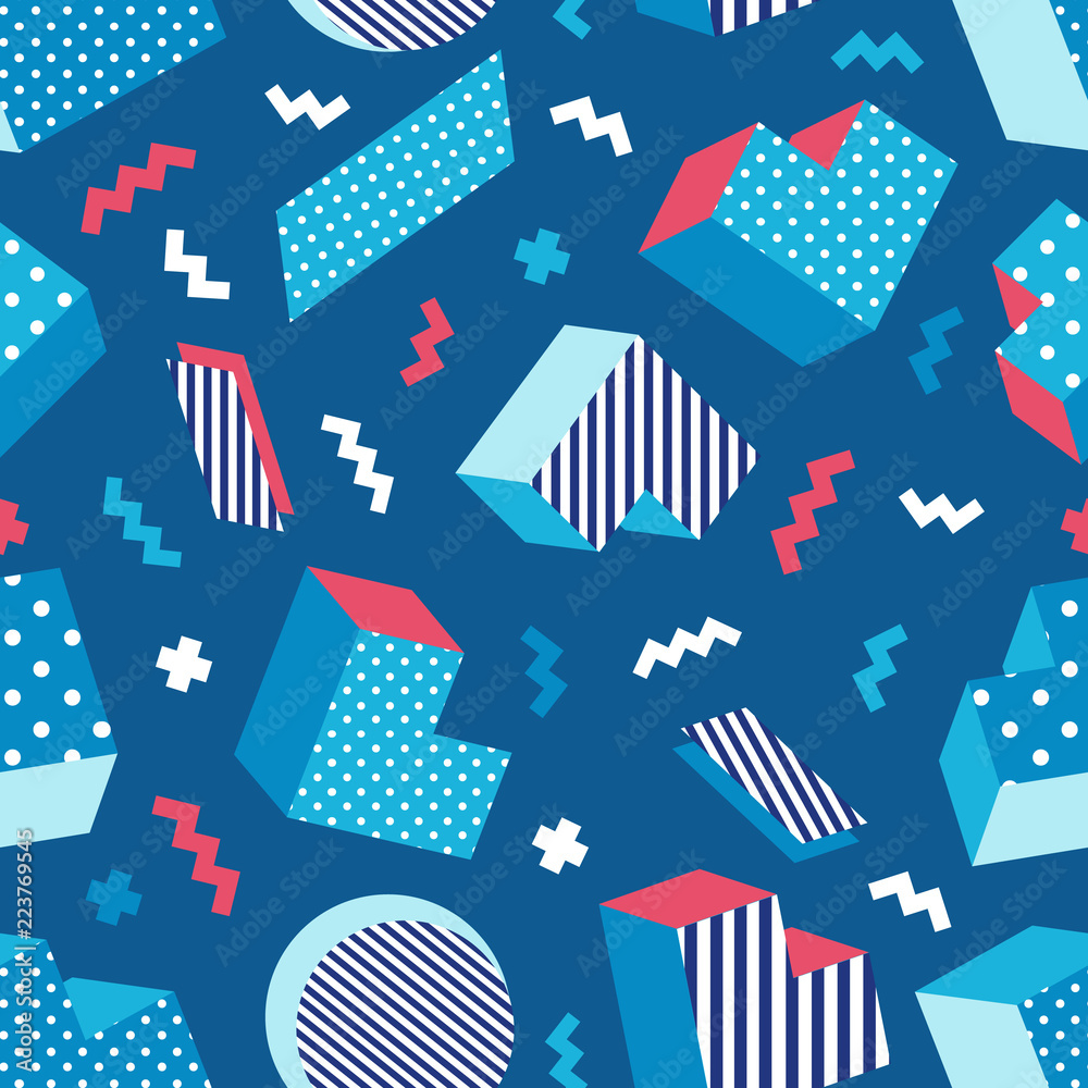 Seamless colorful old school geometric blue background pattern, memphis design style. Vector illustration Seamless colorful old school geometric blue background pattern, memphis design style. Vector illustration