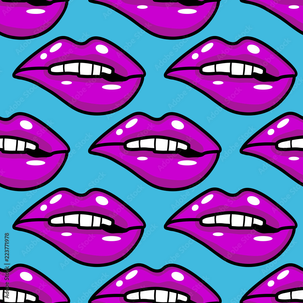 Vector illustration pattern with mouths covered pink lipstick on a blue background Vector illustration pattern with mouths covered pink lipstick on a blue background