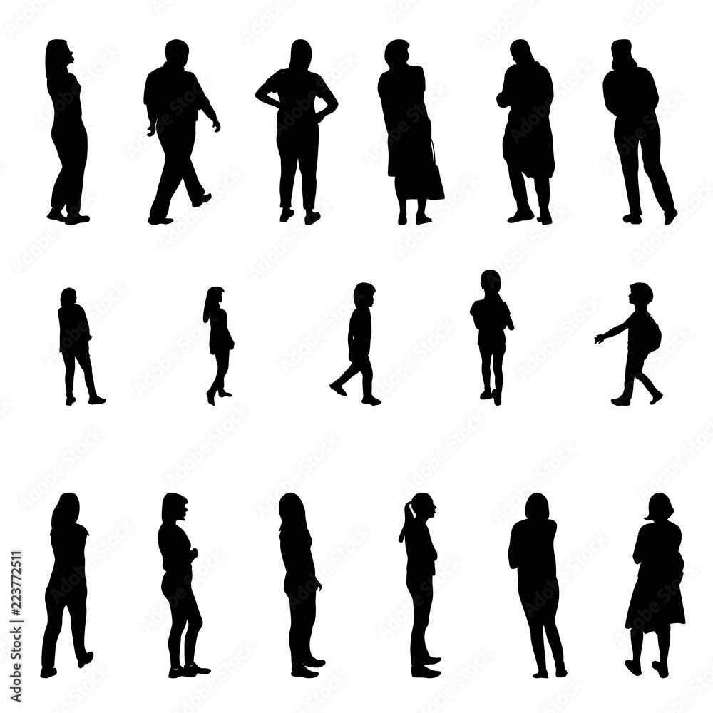 Fototapeta premium Set of Black and White Silhouette Walking People and Children. Vector Illustration