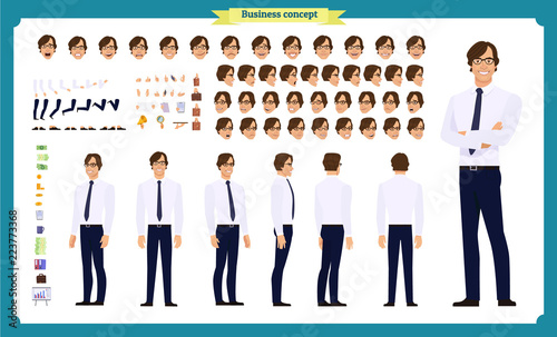 People character business set. Front, side, back view animated character.   Businessman character creation set with various views, face emotions, poses and gestures.