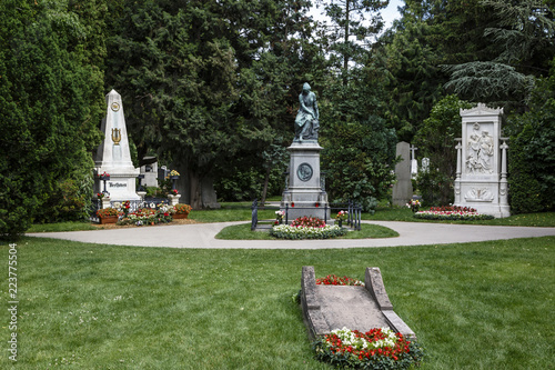 Graves of the composers Ludwig von Beethoven, Wolfgang Amadeus Mozart and Franz Schubert, Zentralfriedhof, Vienna Central Cemetery, Vienna, Austria.