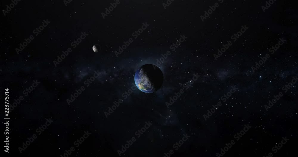 A top down animated view of the moon rotating around the Earth as seen from far above the North Pole. Loopable.  	