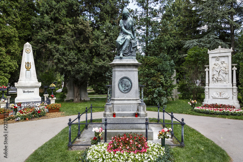 Graves of the composers Ludwig von Beethoven, Wolfgang Amadeus Mozart and Franz Schubert, Zentralfriedhof, Vienna Central Cemetery, Vienna, Austria. photo