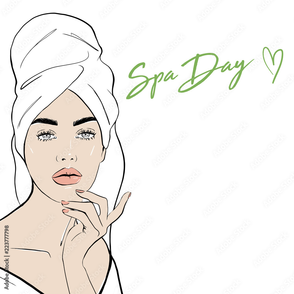Beauty spa face, pretty woman in towel and in bathrobe. Portrait girl shining purity. Fashion, style, beauty. Graphic, sketch drawing. Spa day card concept. Vector illustration Fashion, style, beauty