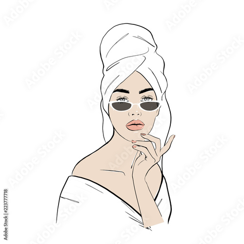 Beauty spa face with white narrow sunglasses, pretty woman in towel and in bathrobe. Portrait girl shining purity. Fashion, style, beauty. Graphic, sketch drawing. Stock Vector illustration