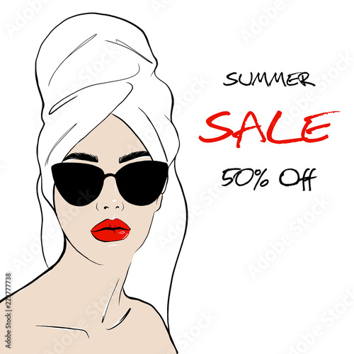 Beauty spa face with red lips and with black sunglasses, pretty woman in towel and in bathrobe. Summer sale offer Sale concept. Fashion, style, beauty. Graphic, sketch drawing. Vector illustration photo