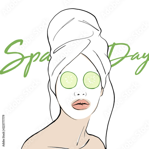Spa day card concept. Woman wears with towel on head, vector hand drawn illustration for instructions. Slices of cucumber lie on eyes. Fashion, style, beauty, sketch drawing. Vector illustration