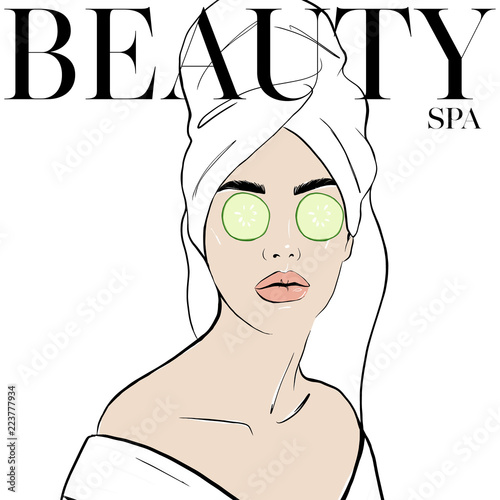 Spa day card concept. Woman wears with towel on head, vector hand drawn illustration in style of magazine cover design. Cucumber lie on eyes. Fashion style, beauty, sketch drawing. Vector illustration