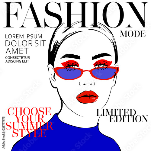 Chic girl, woman face in blue clothes with red makeup and blue sunglasses hand drawn vector illustration. Stylish graphics portrait beautiful young model. Fashion style beauty. Graphic, sketch drawing
