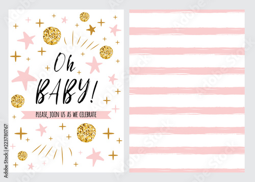 Baby shower invitation template, backgtround with pink stars design, vector set Oh Baby