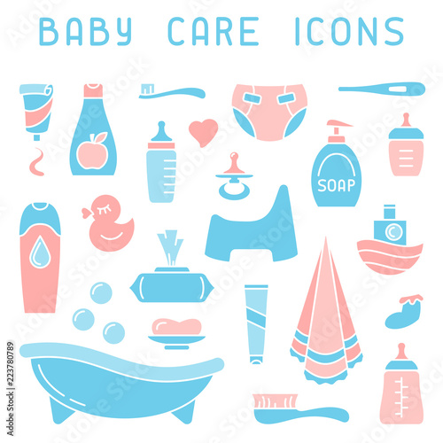 Baby care icons collection. Flat style vector illustration. Baby hygiene accessories.