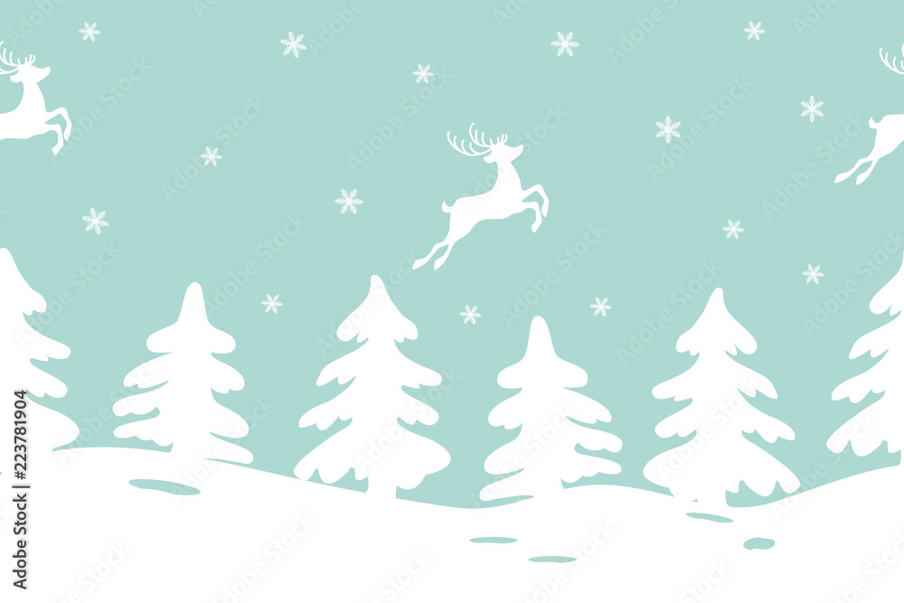 Winter landscape with fir trees and deers. Seamless border. It can be used for Christmas and New Year decoration, as a background for the websites, packing, fabrics. Vector illustration. Winter landscape with fir trees and deers. Seamless border. It can be used for Christmas and New Year decoration, as a background for the websites, packing, fabrics. Vector illustration.