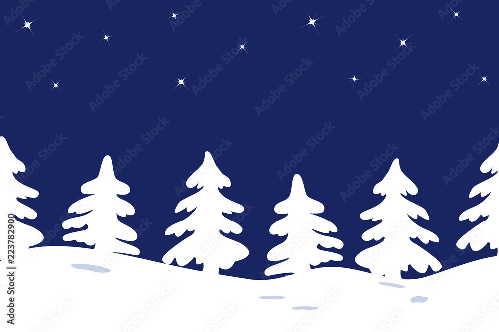 Silhouettes of Christmas trees on a star sky background. Winter landscape. Seamless border. It can be used for Christmas decoration, as a background for the websites, packing, fabrics. Vector