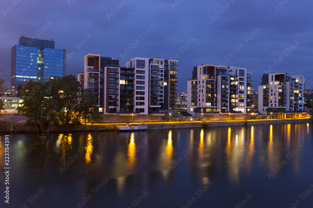 Luxury Living in Prague Marina in the Night, Holesovice, the most cool Prague District, Czech Republic