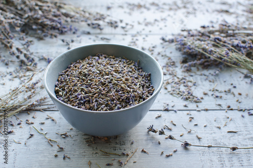 Fototapeta Naklejka Na Ścianę i Meble -  natural dry lavender flowers in ceramic bowl
