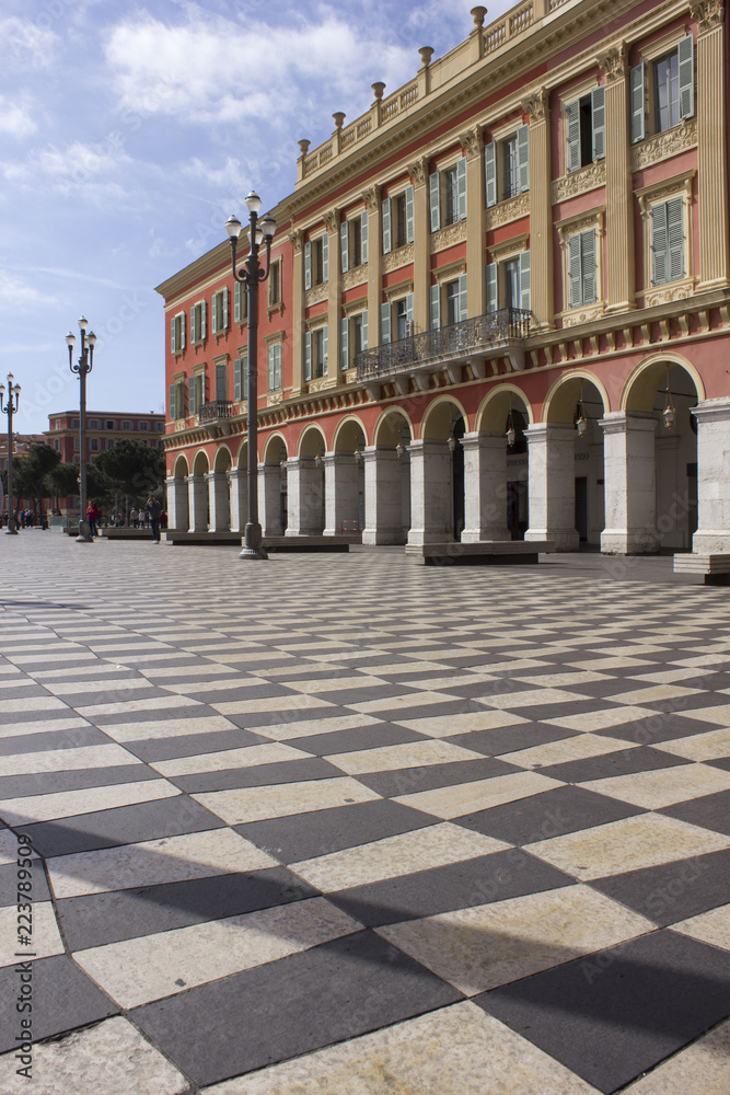 the famous place Massena in Nice, france, with its chess flooring