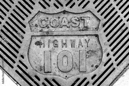 Retro old vintage coast highway 101 grate close-up in black and white photo