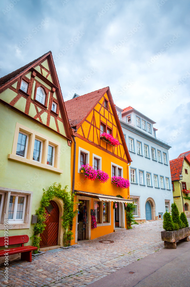 Fototapeta premium Beautiful streets in Rothenburg ob der Tauber with traditional German houses, Bavaria, Germany