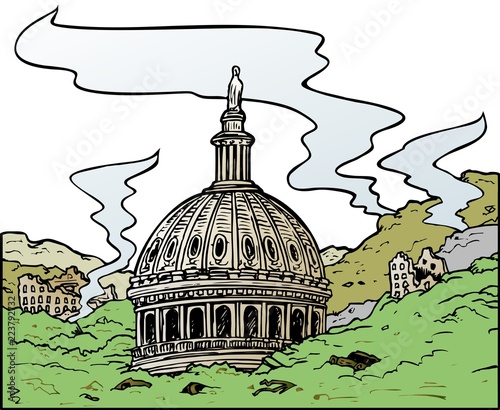 Capitol building buried in a flood of corruption.  Conceptual political illustration.
