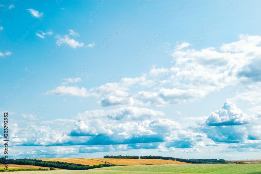 Landscape with green grass meadows and wheat fields field on small hills and blue sky with clouds. Selective focus. copy space.