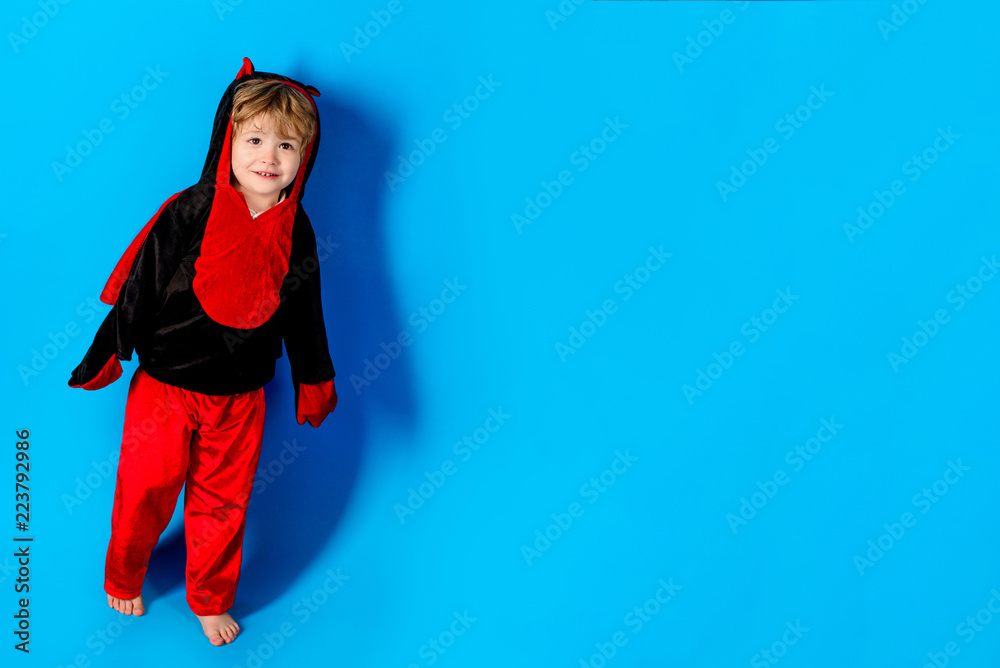 Boy play in costume dracula. Advertisement Halloween. Halloween