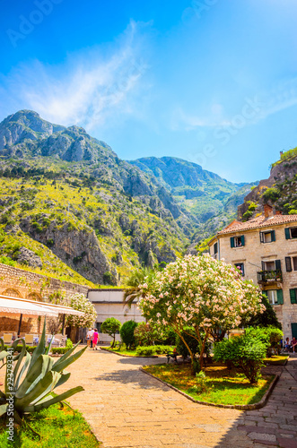 View on Kotor bay and mountains in old town Kotor, Montenegro.