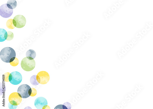 Simple greeting card with floating watercolor bubbles and space for text. Abstract polka dot slide background. Purple, blue, green and yellow polka dots for baby shower, cards, invitations and more.
