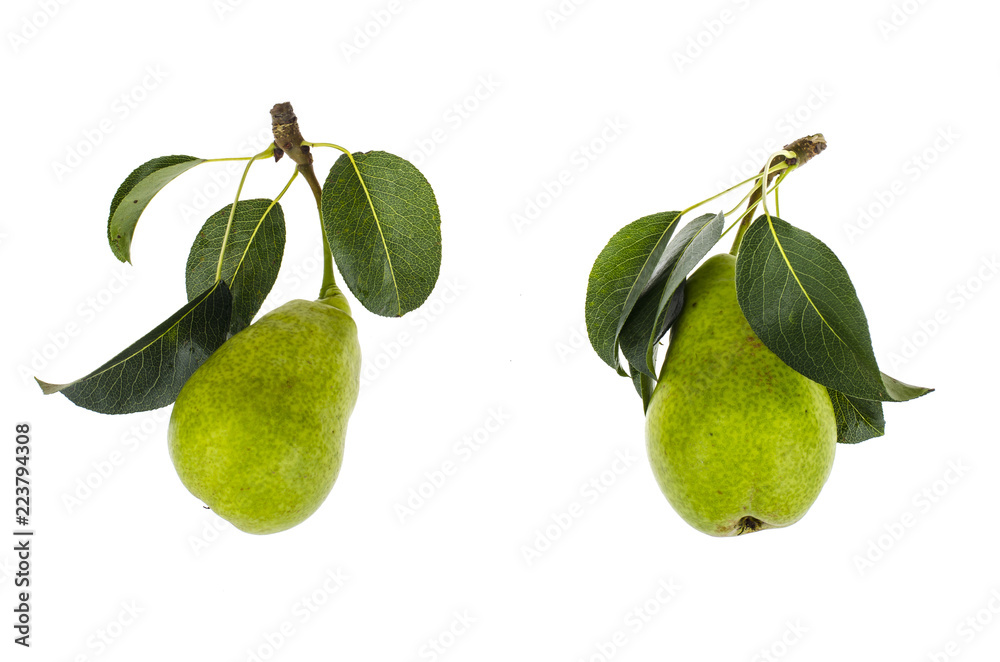 Green pear with leaves on white background Green pear with leaves on white background