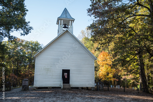 old wooden church in autumn smoky mountains