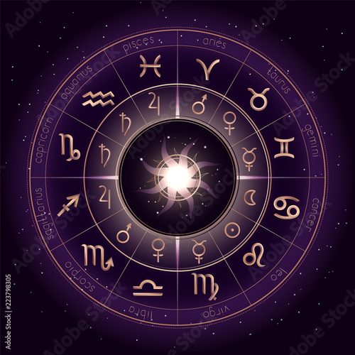 Vector illustration with Horoscope circle, Zodiac symbols and pictograms astrology planets on the starry night sky background with geometry pattern. Gold and purple elements. Vector.