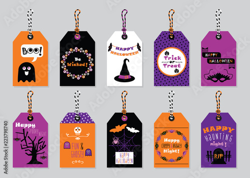 Fall colors Happy Halloween gift tags set with cartoon icons and messages on trendy gray background