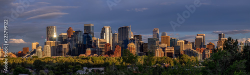 Sweeping skyline view at dusk in Calgary, Alberta. Calgary is home to many oil companies.