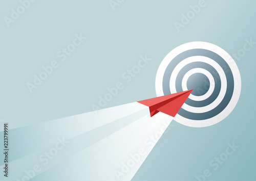 Business success and leadership concept with red paper airplane flying to the target paper art style.Vector illustration.