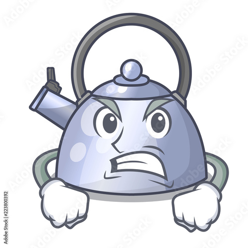 Angry whistling kettle cartoon on the stove top