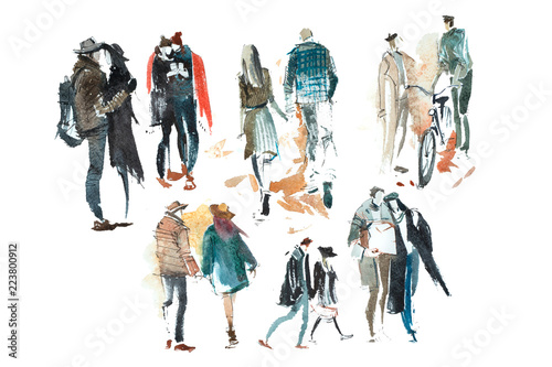 Walking people Outerwear Autumn Watercolor illustration Sketch drawing