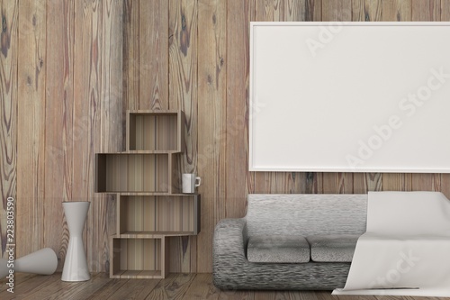 Interior wooden room with white picture frame and furniture,Mock up for display product,3D rendering