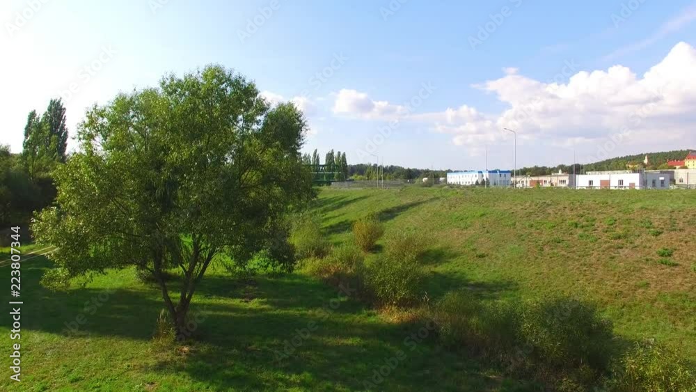 Aerial view to sewage treatment plant. Grey water recycling. Waste management theme. Aerial view to sewage treatment plant. Grey water recycling. Waste management theme.